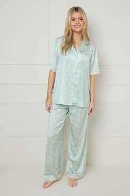 Sage Bows Lace Trim Nightwear Trouser Set