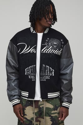 Tall Melton & PU Mixed Fabric Embellished Varsity Jacket