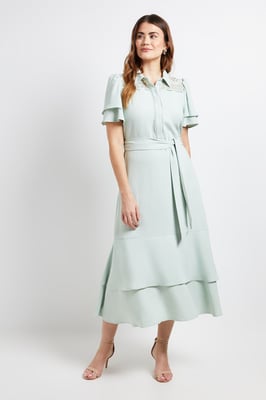 Lace Insert Ruffle Sleeve Midi Dress