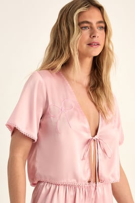 Bow Embroidered Pajama Trouser Set