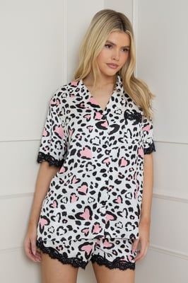 Valentines Animal Heart Lace Trim Nightwear Satin Shorts Set