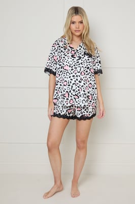 Valentines Animal Heart Lace Trim Nightwear Satin Shorts Set