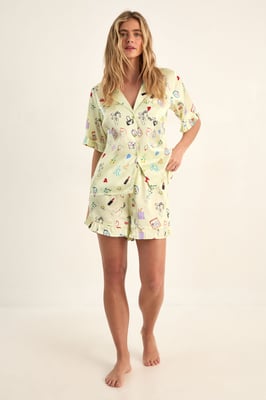 Conversational Print Satin Ruffle Shorts Pajama Set