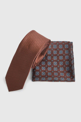 Mocha Patterned Tie and Foulard Pocket Square