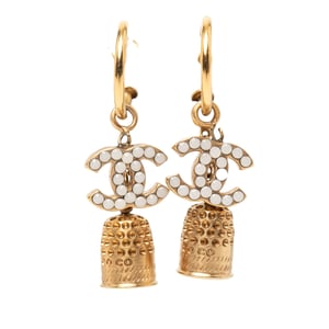 Pre-owned Gold Plated Enamel Cc Bell Drop Push Back Earrings