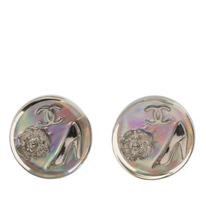 Pre-owned Cc Resin Holographic Camellia Round Clip On Earrings