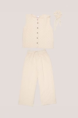 Textured Top, Wide Leg Trouser and Scrunchie Outfit Set