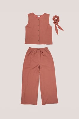 Textured Top, Wide Leg Trouser and Scrunchie Outfit Set