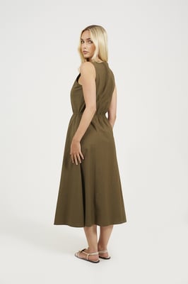 Khaki Sleeveless Button Down Midi Dress