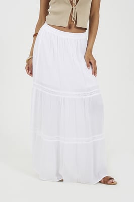 White Elasticated Waist Maxi Skirt With Lace Detail