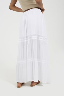 White Elasticated Waist Maxi Skirt With Lace Detail