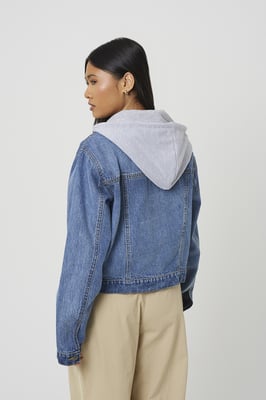 Light Blue Denim Jacket With Detachable Jersey Hood