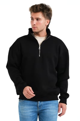 JUSTEVER Regular Fit Stand Collar Halv Dragkedja Upphöjd Svart Herrtröja - Prime