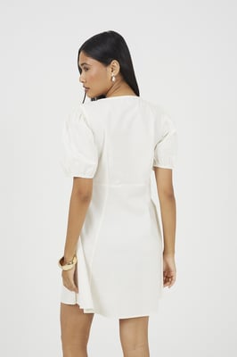 Cream Puff Sleeve Mini Dress With Floral Embroidery