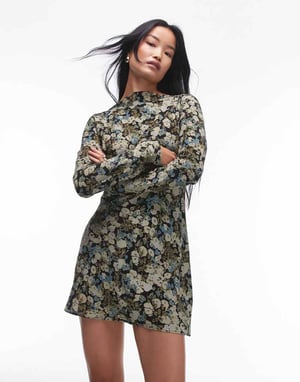 Topshop long sleeve slash neck mini dress in green blue floral