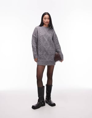 Topshop knitted diamond cable oversized mini dress in grey