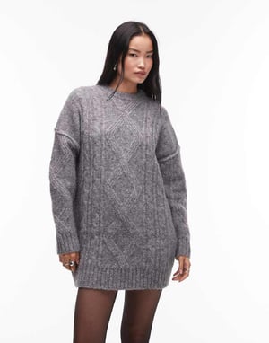 Topshop knitted diamond cable oversized mini dress in grey