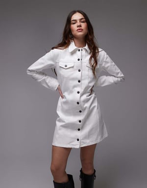 Topshop denim loose fit long sleeve shirt dress in white