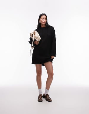 Topshop knitted fluffy rib oversized crew mini dress in black