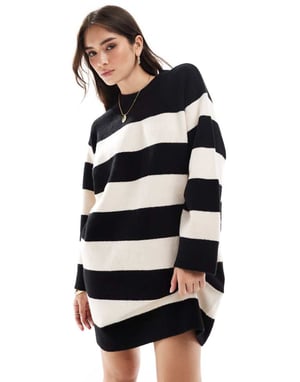 ASOS DESIGN crew neck mini dress with wide cuff in mono stripe