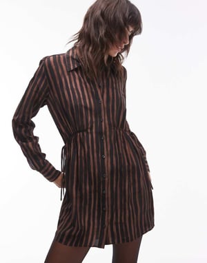 Topshop ruched side shirt mini dress in brown stripe print