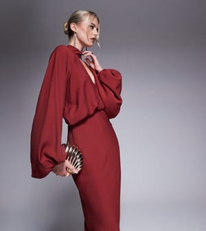 ASOS DESIGN Tall high neck plunge maxi dress with blouson sleeves in brown