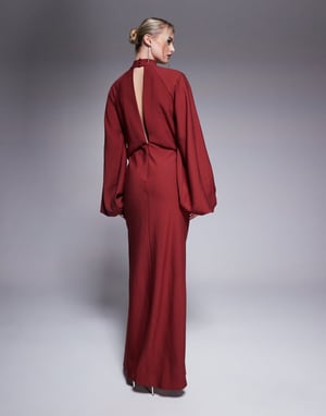 ASOS DESIGN Tall high neck plunge maxi dress with blouson sleeves in brown