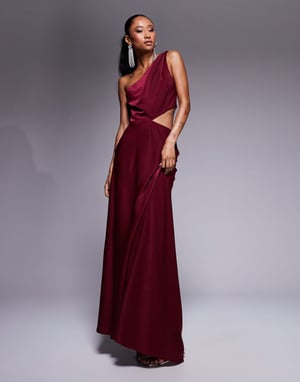 ASOS DESIGN satin twist strap cut out maxi dress in burgundy