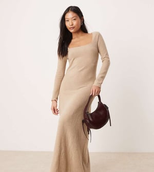 Vila Petite long sleeve square neck knitted maxi dress in camel