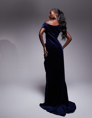 ASOS DESIGN velvet premium fallen shoulder drape maxi dress in navy