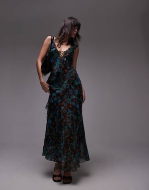 Topshop maxi frill slip midi dress in green floral