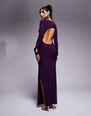 Kaiia exclusive double layered slinky long sleeve open back side split maxi dress in purple