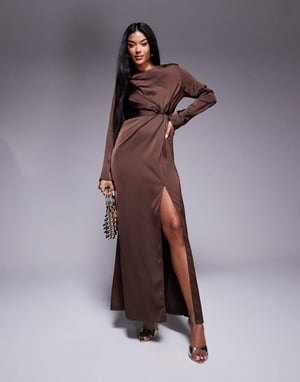 In The Style X Hannah Brown satin twist detail maxi dress in chocolate