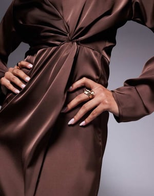 In The Style X Hannah Brown satin twist detail maxi dress in chocolate