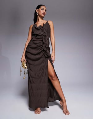 ASOS DESIGN plisse cami maxi dress with waterfall corsage ruffle in chocolate brown