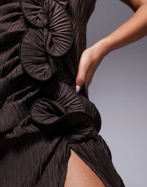 ASOS DESIGN plisse cami maxi dress with waterfall corsage ruffle in chocolate brown