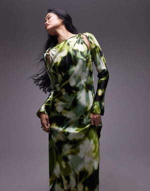 Topshop slash neck dress with arm cut out in green floral