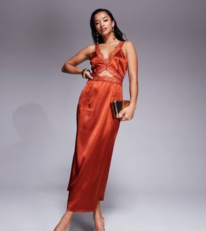 Never Fully Dressed Petite Mimi lace cut-out slip midaxi dress in rust