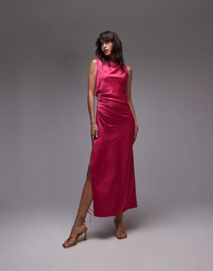 Topshop knot shoulder pintuck waist satin midi dress in pink