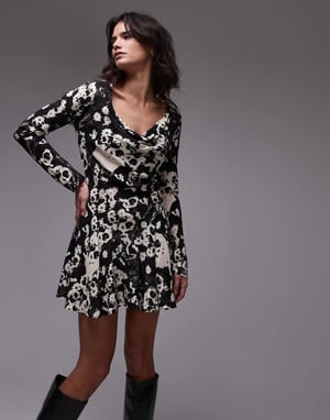 Topshop deep cowl neck tea dress in mono floral