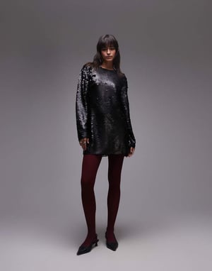 Topshop long sleeve mini sequin dress in black