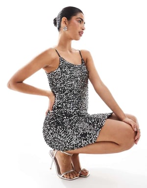Pieces sequin scoop cami mini dress in black and silver