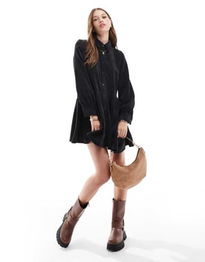 ASOS DESIGN cord smock mini dress with peplum hem in black