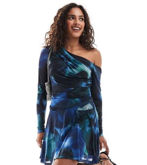 Forever New Petite fallen shoulder drape mini dress in cobalt rose floral