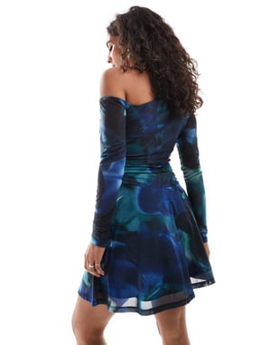 Forever New Petite fallen shoulder drape mini dress in cobalt rose floral