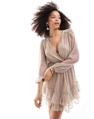 Forever New metallic plisse mini dress in champagne