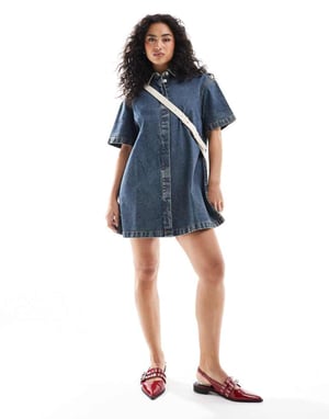 ASOS DESIGN short sleeve denim shirt dress in tint blue