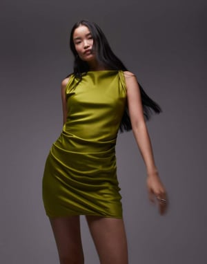 Topshop twist shoulder slip mini dress in olive
