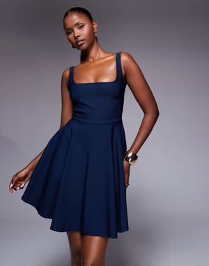 Vesper bengaline scoop back skater mini dress in navy