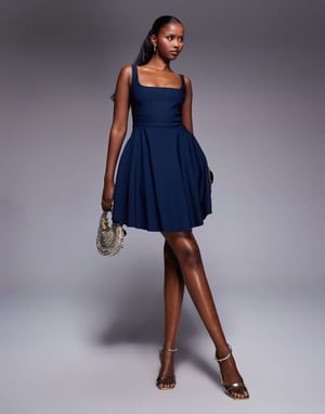 Vesper bengaline scoop back skater mini dress in navy